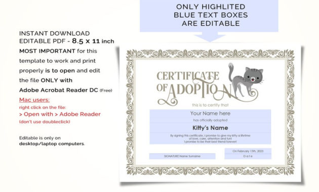 Editable Certificate Of Cat Adoption Template Printable With Awesome Dog Adoption Certificate Free Printable 7 Ideas