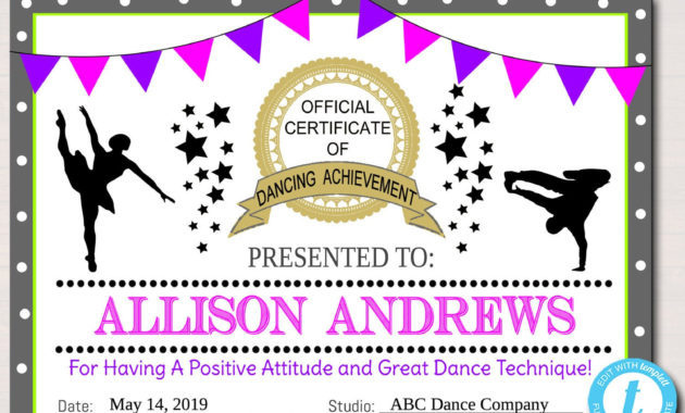 Editable Dancer Certificate Instant Download Dancing Award Within Free Dance Award Certificate Templates