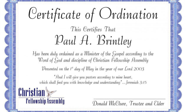 Editable Pastoral Ordination Certificatepatricia Clay In Pertaining To Quality Ordination Certificate Template