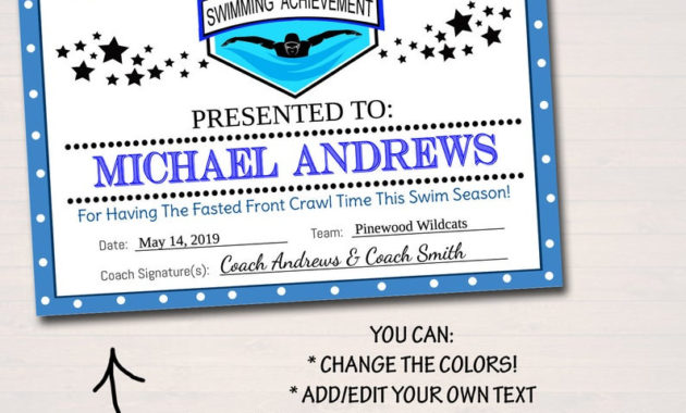 Editable Swim Team Award Certificates Instant Download Etsy Throughout Awesome Swimming Award Certificate Template