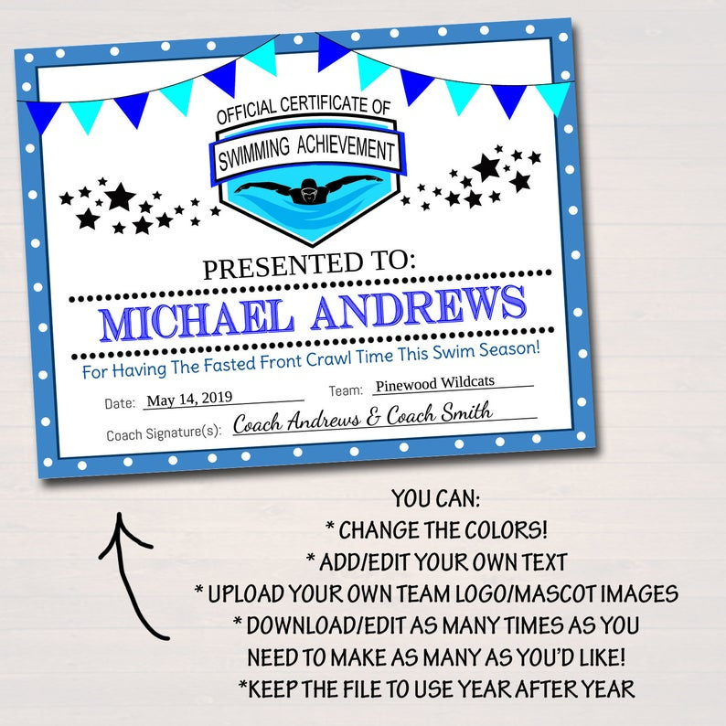Editable Swim Team Award Certificates Instant Download Etsy Throughout Awesome Swimming Award Certificate Template
