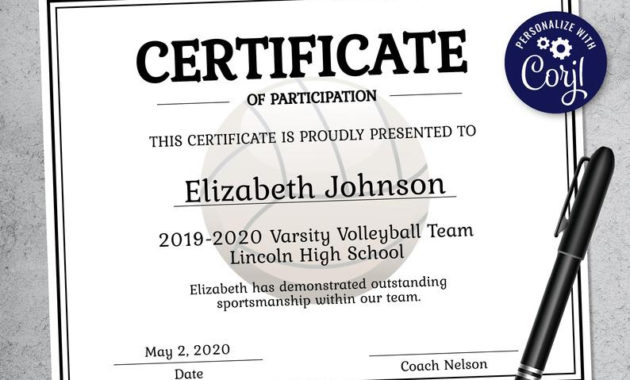 Editable Volleyball Certificate Template Printable Etsy Throughout Volleyball Mvp Certificate Templates
