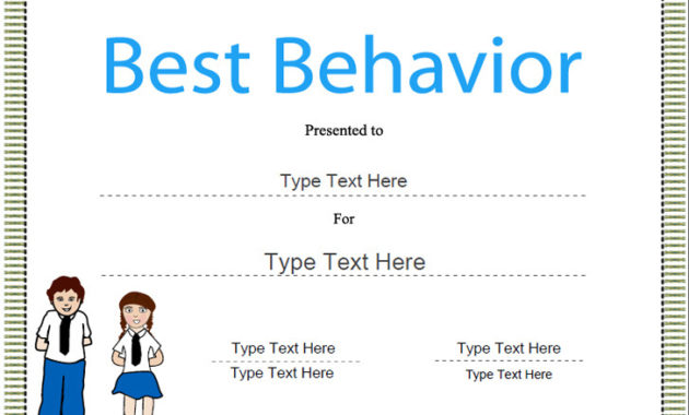 Education Certificates Award Template For Best Behavior With Regard To Good Behaviour Certificate Template 10 Kids Awards
