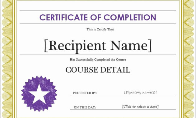Elegant Certificate Of Completion Template Free For Amazing Free Completion Certificate Templates For Word