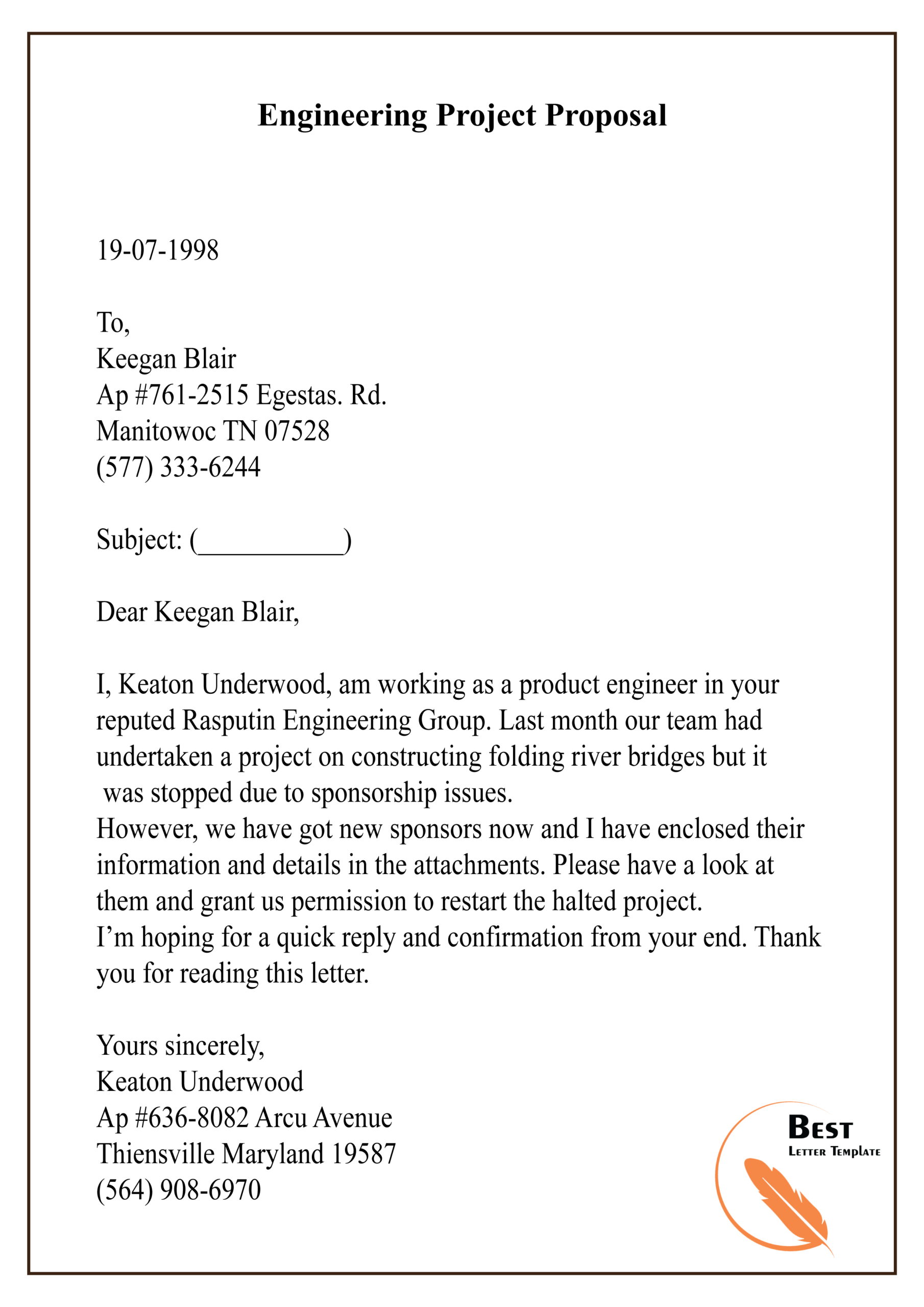 Engineering Project Proposal01 Best Letter Template Regarding Printable Engineering Proposal Template