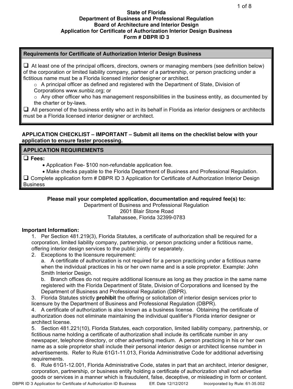 Form Dbpr Id3 Download Fillable Pdf Or Fill Online Pertaining To Certificate Of Authorization Template