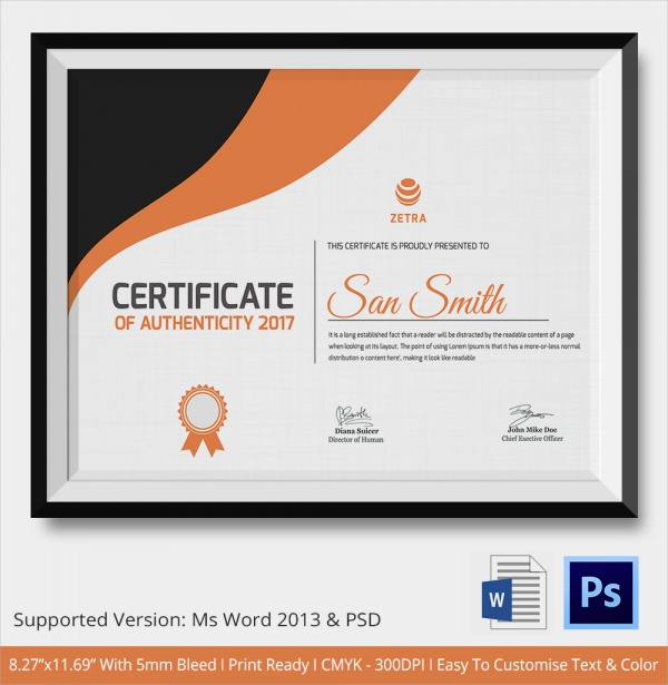 Free 45 Sample Certificate Of Authenticity Templates In For Printable Authenticity Certificate Templates Free