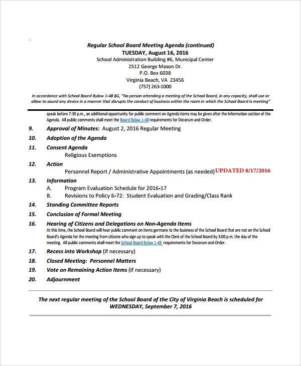 Free 7 Sample Board Meeting Agenda Templates In Pdf Ms Word Pertaining To Best Sample Board Meeting Agenda Template