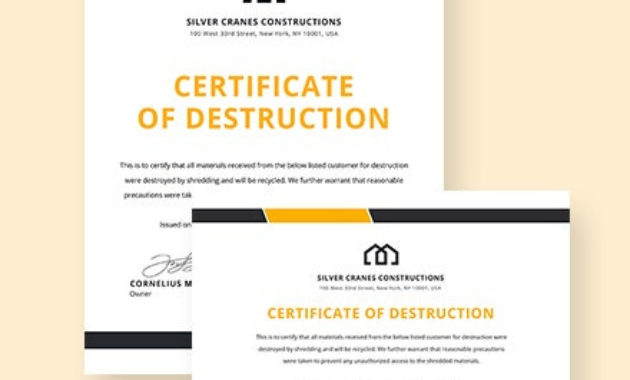 Free Certificate Of Destruction Template Download 435 Intended For Printable Certificate Of Disposal Template