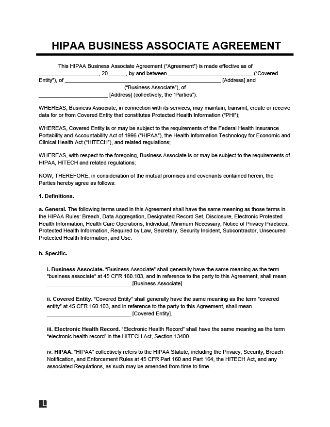 Free Hipaa Business Associate Agreement Baa Template In Business Associate Agreement Hipaa Template