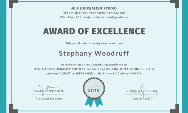 Free Training Excellence Award Certificate Template In With Regard To Free Certificate Of Excellence Template
