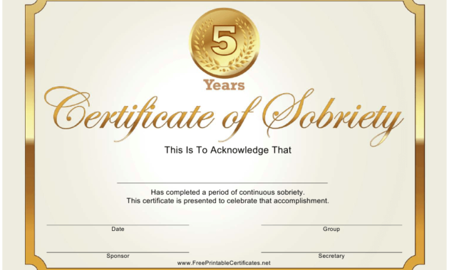 Golden 5 Years Certificate Of Sobriety Template Download Inside Certificate Of Sobriety Template Free
