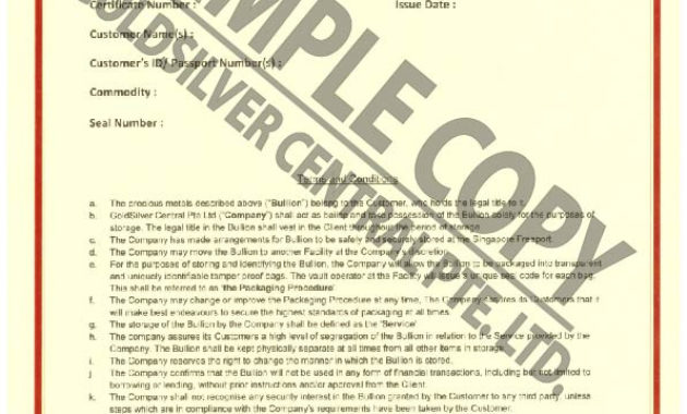 Goldsilver Central Bullion Storage Program With Regard To Certificate Of Ownership Template