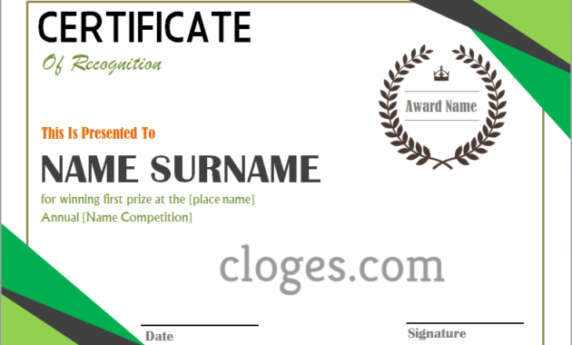 Green Word Certificate Of Recognition Template Pertaining To Certificate Of Recognition Template Word