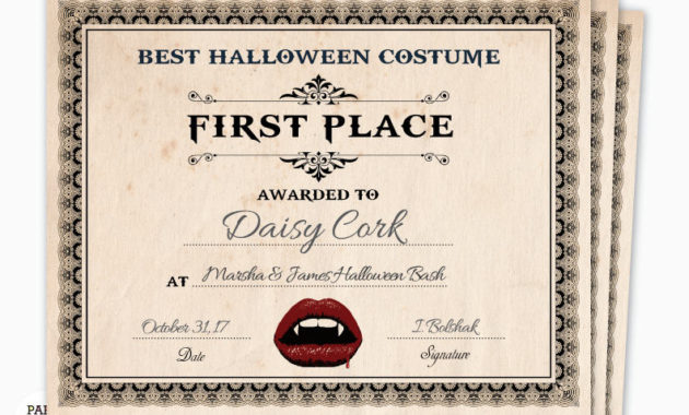 Halloween Award Halloween Costume Certificate 1St Place Etsy Pertaining To First Place Certificate Template