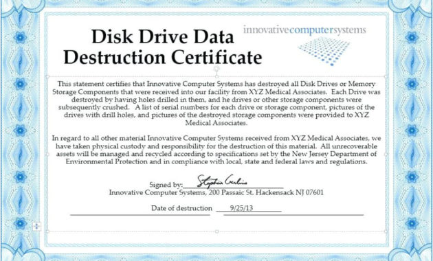 Hard Drive Destruction Certificate Template Templates Regarding Awesome Certificate Of Destruction Template