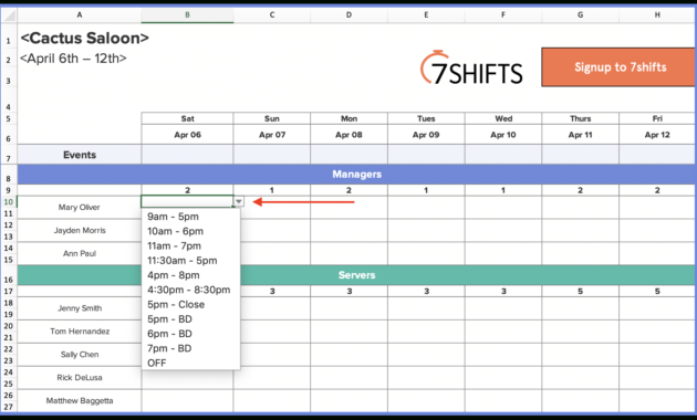 How To Make A Restaurant Work Schedule With Free Excel Inside Restaurant Manager Log Template