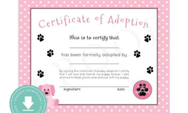 Instant Download Puppy Adoption Certificate Puppy Birthday Pertaining To Awesome Pet Adoption Certificate Template