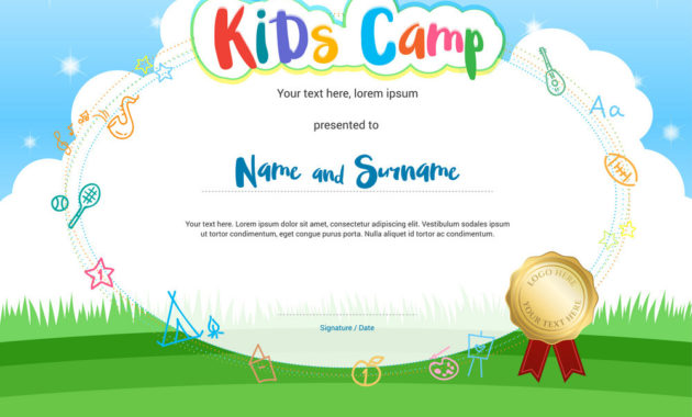 Kids Summer Camp Diploma Or Certificate With Vector Image Pertaining To Amazing Certificate For Summer Camp Free Templates 2020
