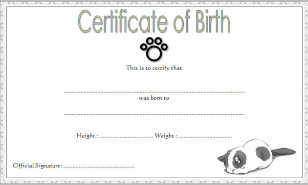Kitten Birth Certificate Template 10 Cute Designs Free Regarding Birth Certificate Template For Microsoft Word