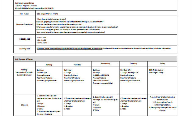 Lesson Plan Template For Middle School Printable Pertaining To Free Middle School Agenda Template