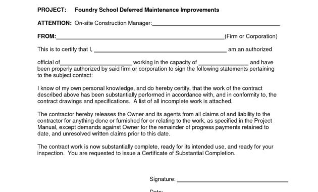 Letter Of Substantial Completion Template Examples Throughout Awesome Certificate Of Construction Completion Template