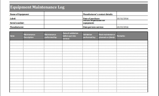 Machinery Maintenance Schedule Template Excel Printable Regarding Building Maintenance Log Template