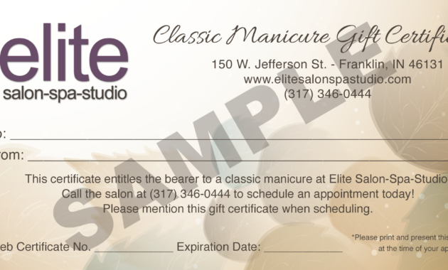 Manicuregiftcertificatesample Elite Salon Spa Studio In Printable Nail Salon Gift Certificate Template