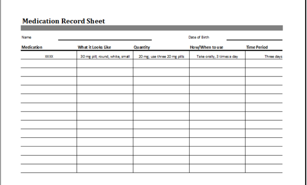 Medication Record Sheet Editable Printable Excel Template Inside Pain Log Template