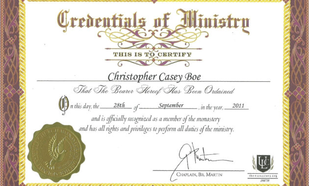 Minister License Certificate Template Williamsonga Within Quality Ordination Certificate Template