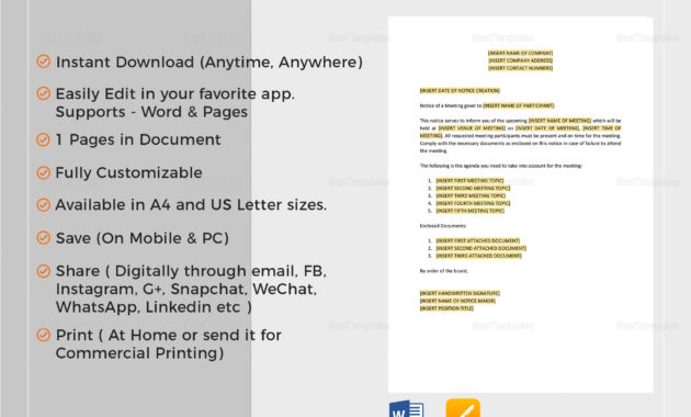 Notice Of Meeting Template In Word Google Docs Apple Pages Inside Amazing Meeting Notice Template