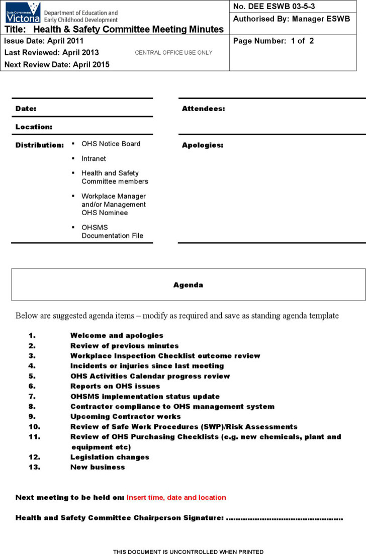 Ohs Committee Meeting Agenda Template • Invitation With Regard To Printable Safety Committee Meeting Agenda Template