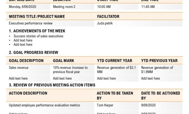 One Pager Weekly Meeting Agenda For Executives Performance Regarding Printable Weekly One On One Meeting Agenda Template