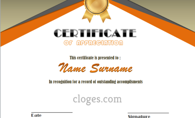 Orange Microsoft Word Certificate Of Appreciation Template Intended For Printable Microsoft Word Certificate Templates