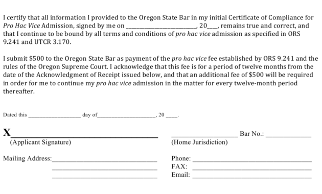 Oregon Renewal Certificate Of Compliance For Pro Hac Vice In Quality Certificate Of Compliance Template 10 Docs Free