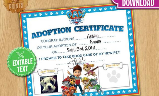 Paw Patrol Adoption Certificate Instantcolorandprints Within Free Dog Adoption Certificate Editable Templates