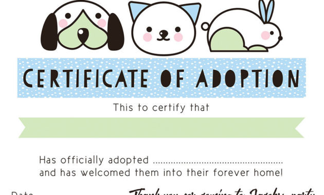 Pet Rescue Party Pretend 'Adoption Certificate' Blue Intended For Stuffed Animal Birth Certificate Template 7 Ideas