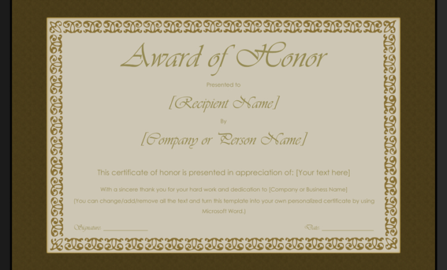 Printable Award Of Honor Certificate Template For Word Within Honor Certificate Template Word 7 Designs Free