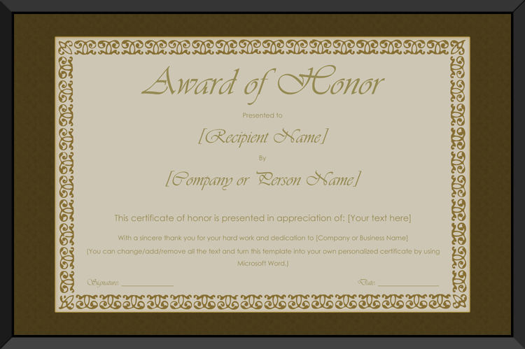 Printable Award Of Honor Certificate Template For Word Within Honor Certificate Template Word 7 Designs Free