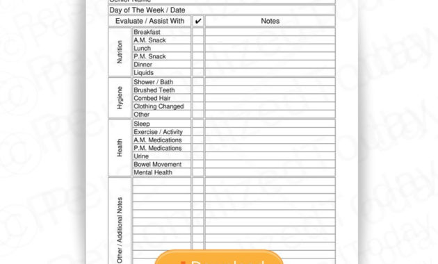 Printable Elder Care Daily Caregiver Log Pdf Digital Inside Home Health Care Daily Log Template