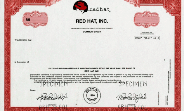 Red Hat Inc Rare Specimen Stock Certificate In Share Certificate Template Companies House