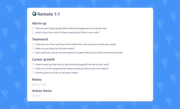 Remote Oneonone Meeting Template For Weekly One On One Meeting Agenda Template