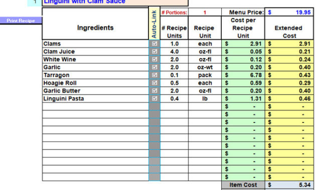 Restaurant Inventory And Menu Costing Workbook/Spreadsheet With Best Recipe Food Cost Template