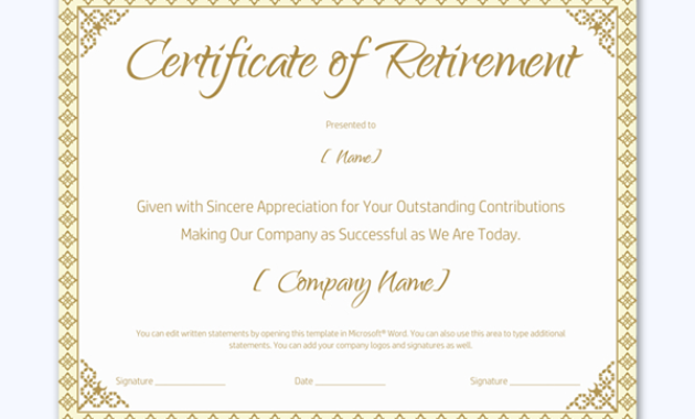 Retirement Certificate For Teacher Word Layouts Inside Free Retirement Certificate Templates For Word