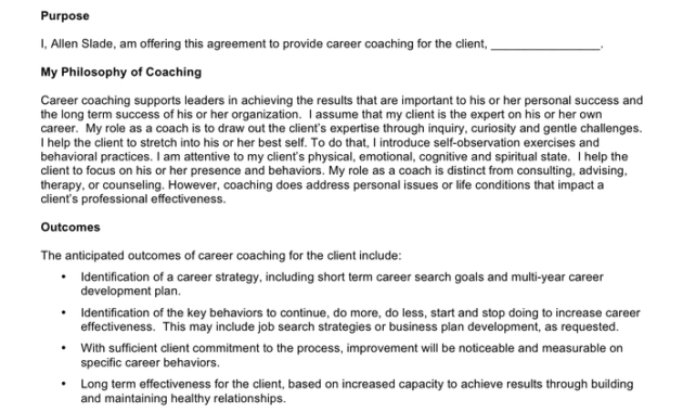 Sample Career Coaching Agreement In Word And Pdf Formats With Regard To Business Coaching Contract Template