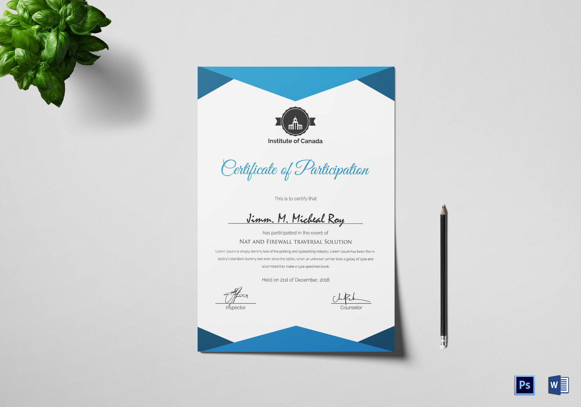 Sample Certificate Of Participation Template In Psd Word With Regard To Certificate Of Participation Word Template