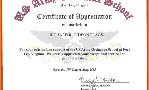 Sample Of Certificate Calepmidnightpigco Inside Pertaining To Best Certificate Of Achievement Army Template