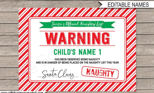 Santas Naughty List Warning Certificate Template Santas Etsy Regarding Free 9 Naughty List Certificate Templates