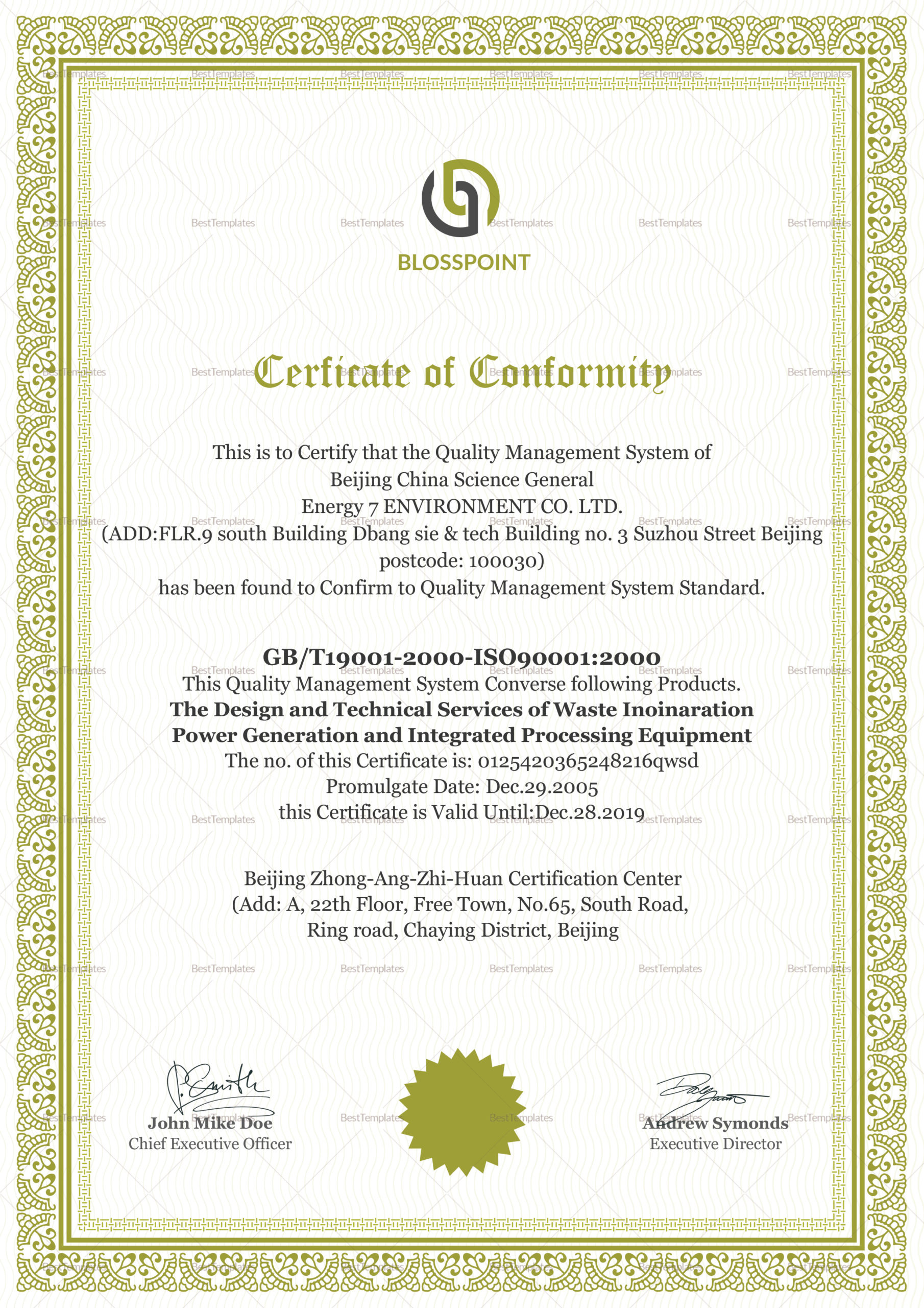 Simple Conformity Certificate Design Template In Psd Word Within Certificate Of Conformity Template