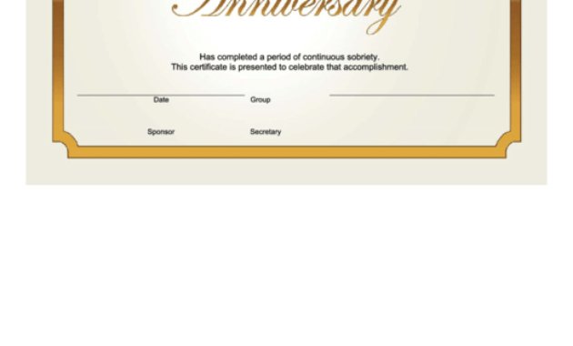 Sobriety Anniversary Certificate Template Gold Printable With Certificate Of Sobriety Template Free